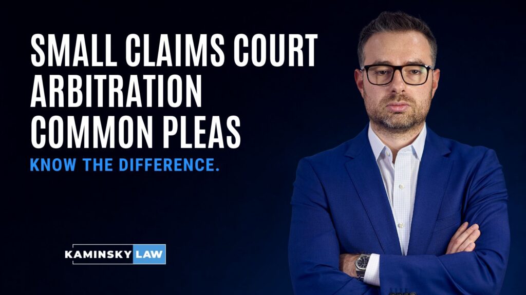 Promotional banner with bold text about small claims court differences and Kaminsky Law logo; man in a blue suit on the right.
