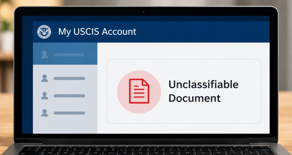 USCIS Account interface showing an unclassifiable document icon and label on a dashboard screen