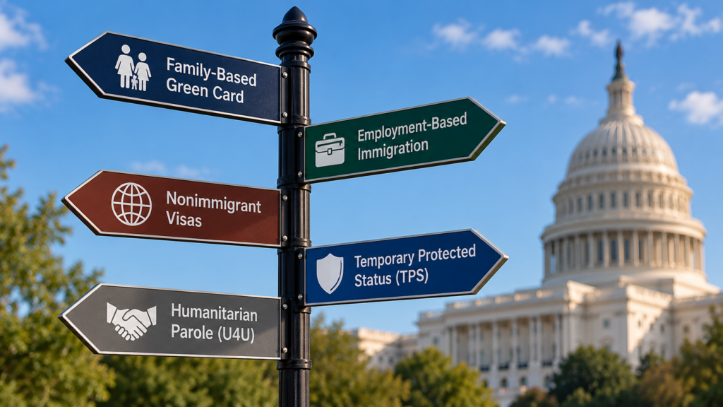Signpost with arrows reading Family-Based Green Card, Employment-Based Immigration, Nonimmigrant Visas, TPS, and Humanitarian Parole, against a blue sky with a government building behind it.